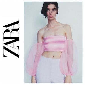 NWT Zara Blogger’s Favorite Pink Contrasting Organza Balloon Sleeves Crop Top